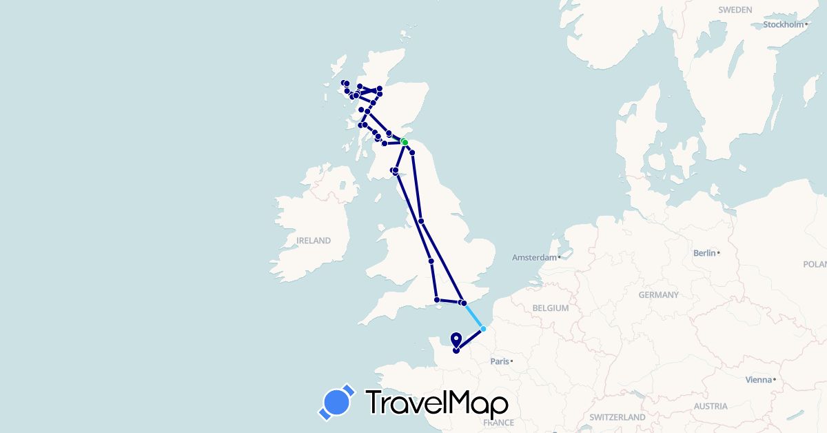 TravelMap itinerary: driving, bus, boat in France, United Kingdom (Europe)